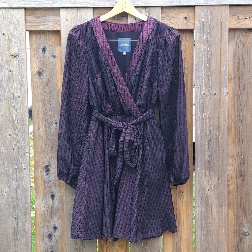 PURPLE Shimmer Modcloth Belted Party Dress Woman's Medium Long Sleeve